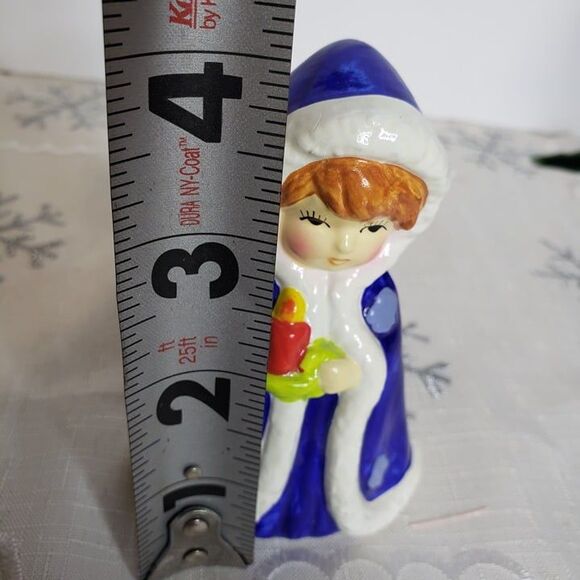 Vintage Christmas Mini Blue Ceramic Red Head Girl with Candle Figurine 4" - Picture 7 of 7